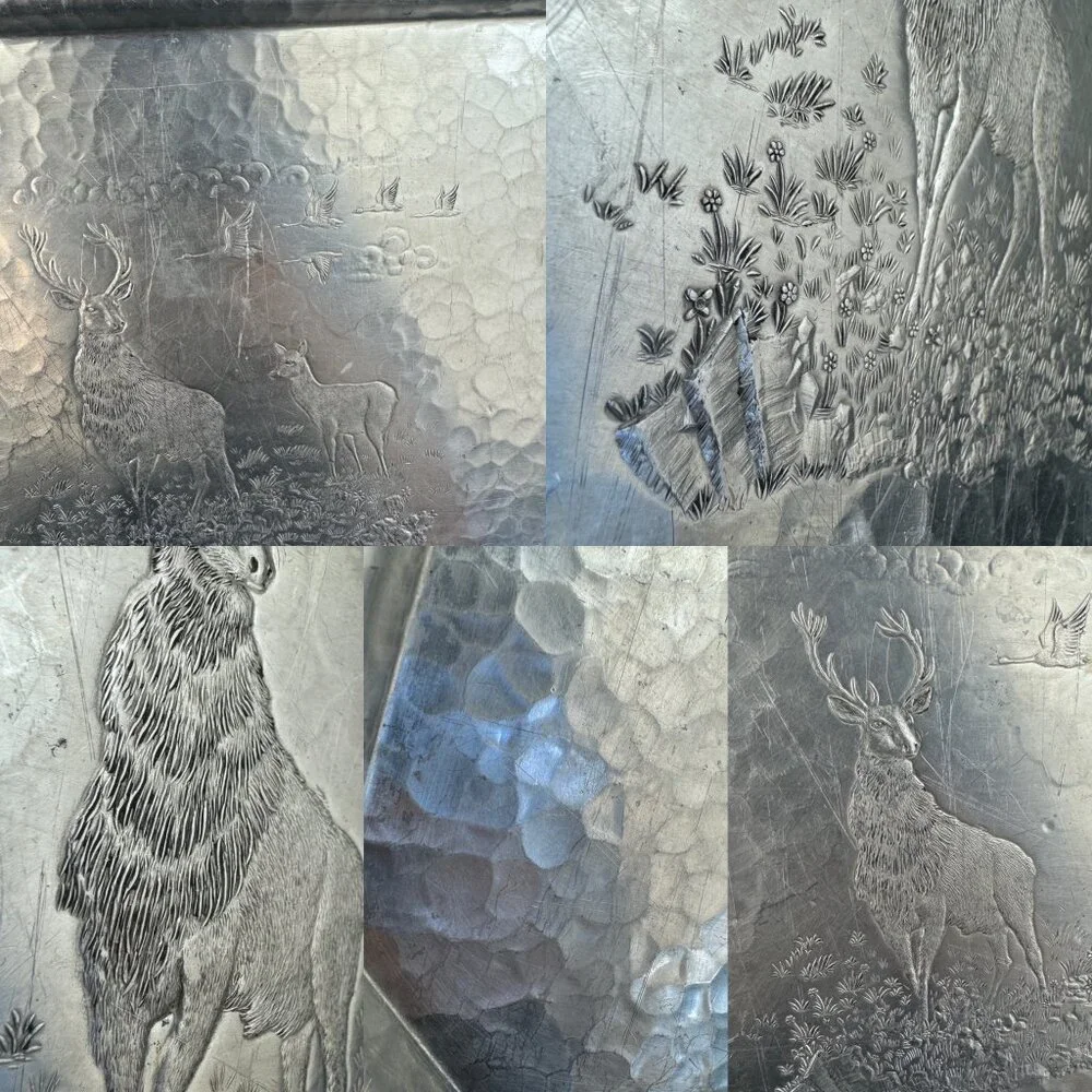 Vtg Deer‎ Geese Trade Continental Hand Wrought Hammered Aluminum Tray w Handles - Picture 6 of 11
